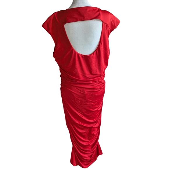 Sofia Vergara Red Ruched Dress Bodycon Midi Sheath Cut Out Women XL Stretch plus - Picture 5 of 13
